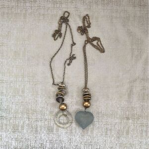 Lot Two Kohls Necklaces Translucent White Circle & Heart w/Brushed Gold Charms